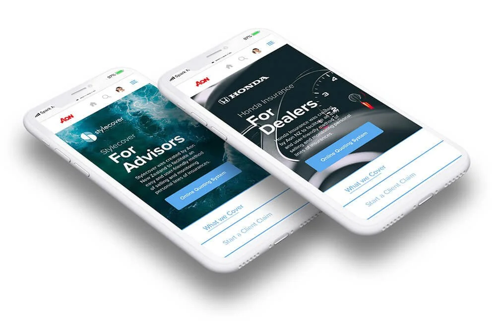 Two white smartphones displaying insurance company app screens, one for advisors and one for policyholders, with blue buttons and cover details.