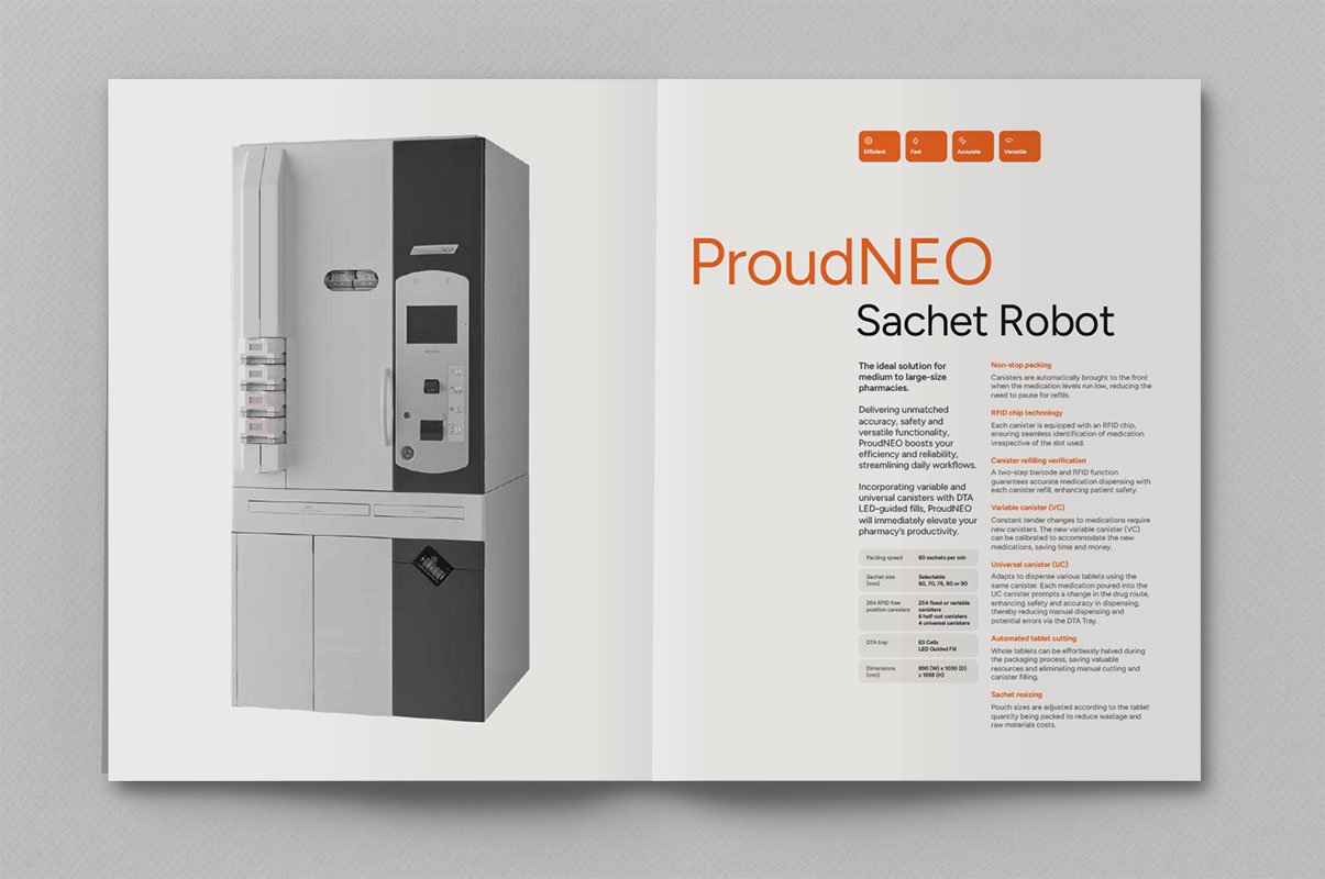Kevin Schluter Design | Automation by Douglas | Service Design | Brochure featuring the ProudNEO Sachet Robot with specifications and features.