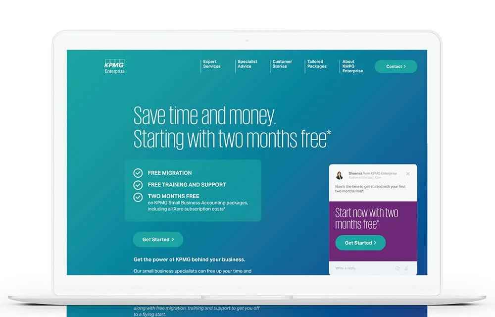 Laptop screen displaying KPMG Enterprise website offering two months free accounting software, with a call to action button and a mobile app example.