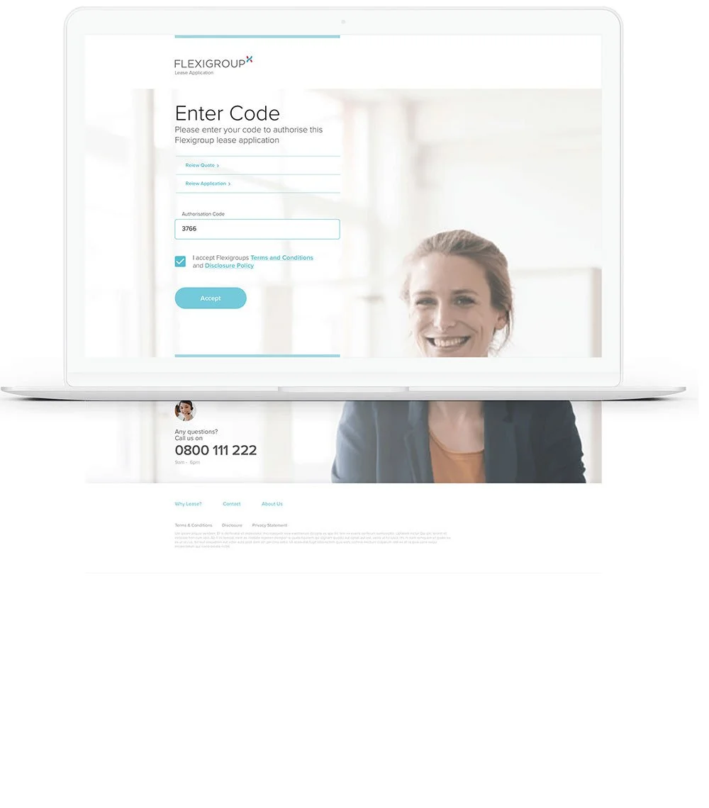 Laptop screen displaying a lease application form for Flexigroup with a smiling woman in the background and contact information for customer support.
