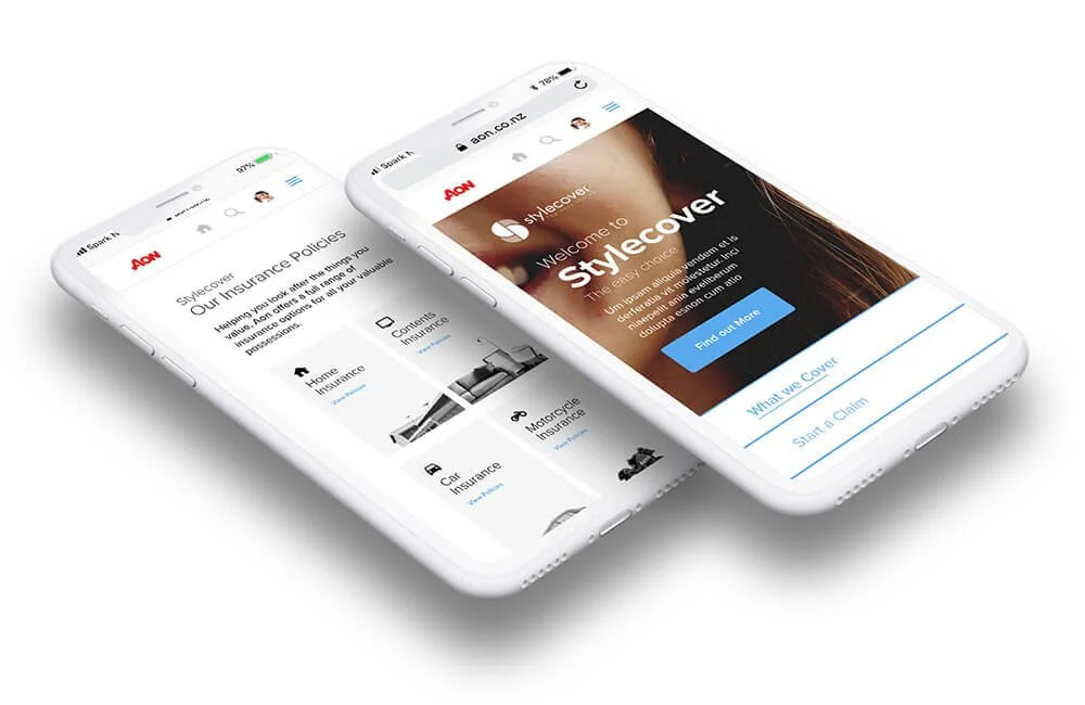 Two white smartphones displaying online insurance policies and coverage options for home, car, and motorcycle insurance with a focus on a website called StyleCover.