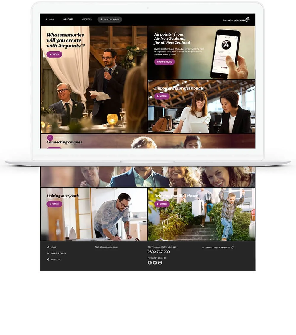 Website homepage for Air New Zealand with sections on creating memories with Airpoints, booking flights, empowering professionals, connecting couples, uniting youth, and bringing families closer, featuring images of people at events and in various environments.