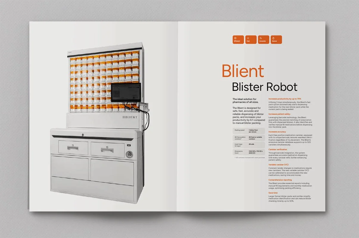 Kevin Schluter Design | Automation by Douglas | Service Design | A brochure showcasing a blister robot with an orange and white blister packaging machine on the left and descriptive text on the right.
