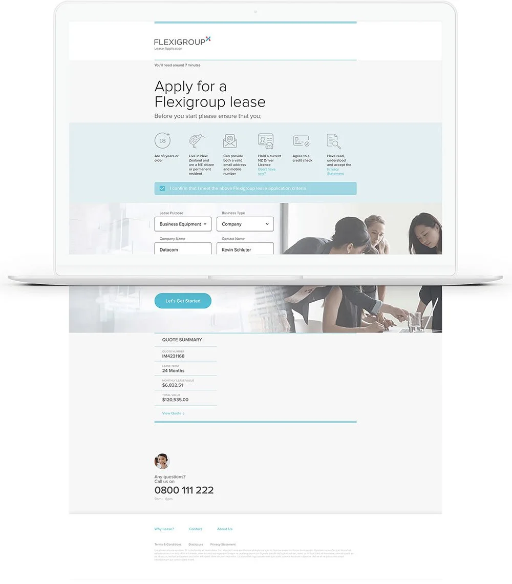 Screenshot of a laptop displaying an online lease application form for Flexigroup, with a completed quote summary and contact information for customer support.