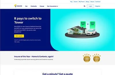Kevin Schluter Design | IAG | AMI | Competition website showing options to switch to Tower for home insurance, with a house image and promotional offers of $200 and $500 off, and insurance awards.