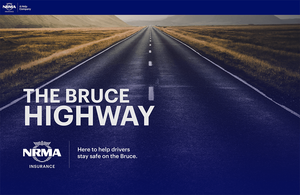 Kevin Schluter Design | IAG | NRMA | A straight open road with dashed white lines in the middle, stretching into the horizon, flanked by grassy fields, under a cloudy sky. It is part of an advertisement for NRMA insurance promoting road safety.