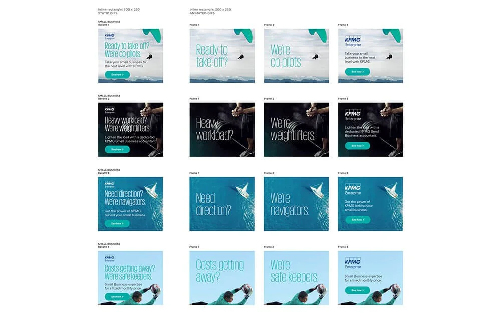 Collage of marketing ad templates from KPMG with various slogans such as 'Ready to take-off?', 'Heavy workload?', 'Need direction?', and 'Costs getting away?' featuring images of business professionals, airplanes, and water imagery.