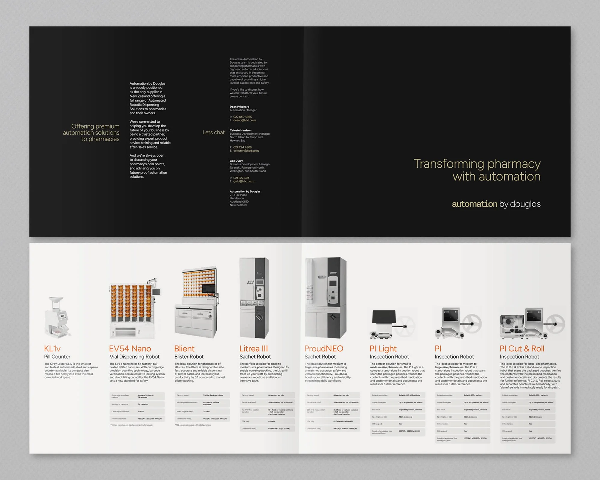 Kevin Schluter Design | Automation by Douglas | Service Design | An insert displaying automation solutions and robotic devices for pharmacies, with descriptions of various robotic systems and their features.