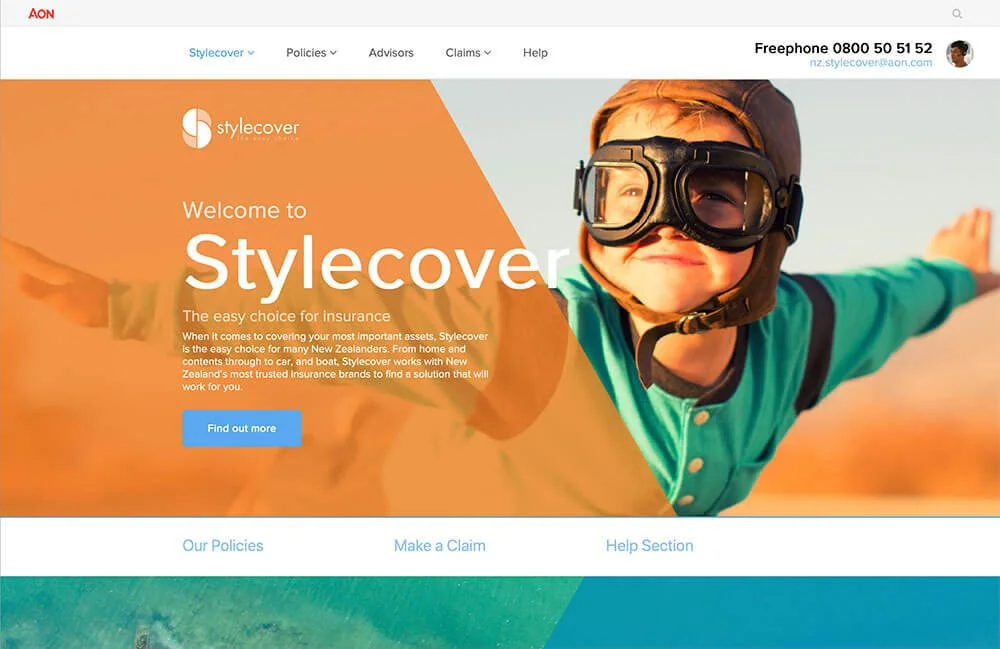 Webpage homepage for Stylecover insurance, featuring a child wearing goggles and a teal jacket, smiling with arms outstretched.