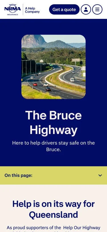 Kevin Schluter Design | IAG | NRMA | Mobile webpage about the Bruce Highway, showing a highway with cars, trees, and mountains in the background.