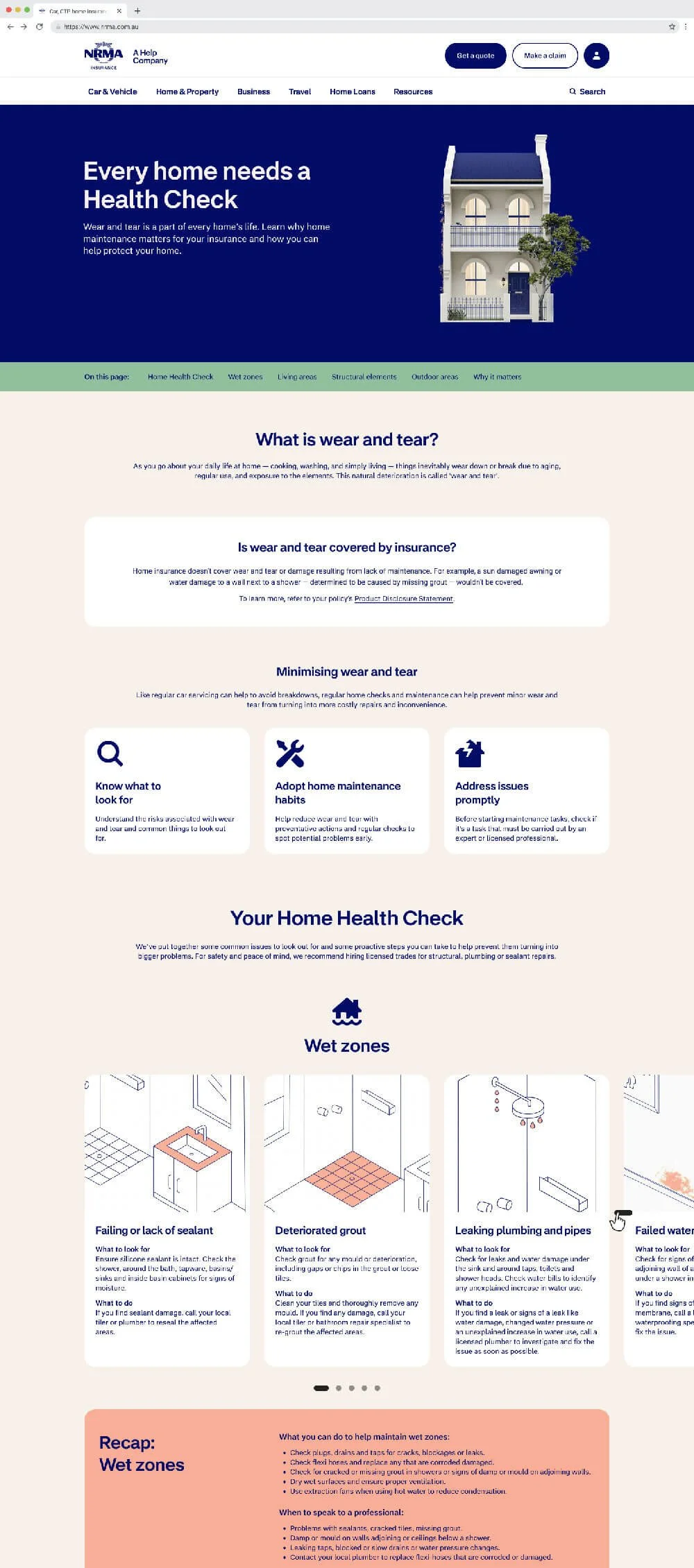Kevin Schluter Design | IAG | NRMA | A webpage about home health check and maintenance, featuring a house illustration and sections on wet zones, structural issues, and water damage.