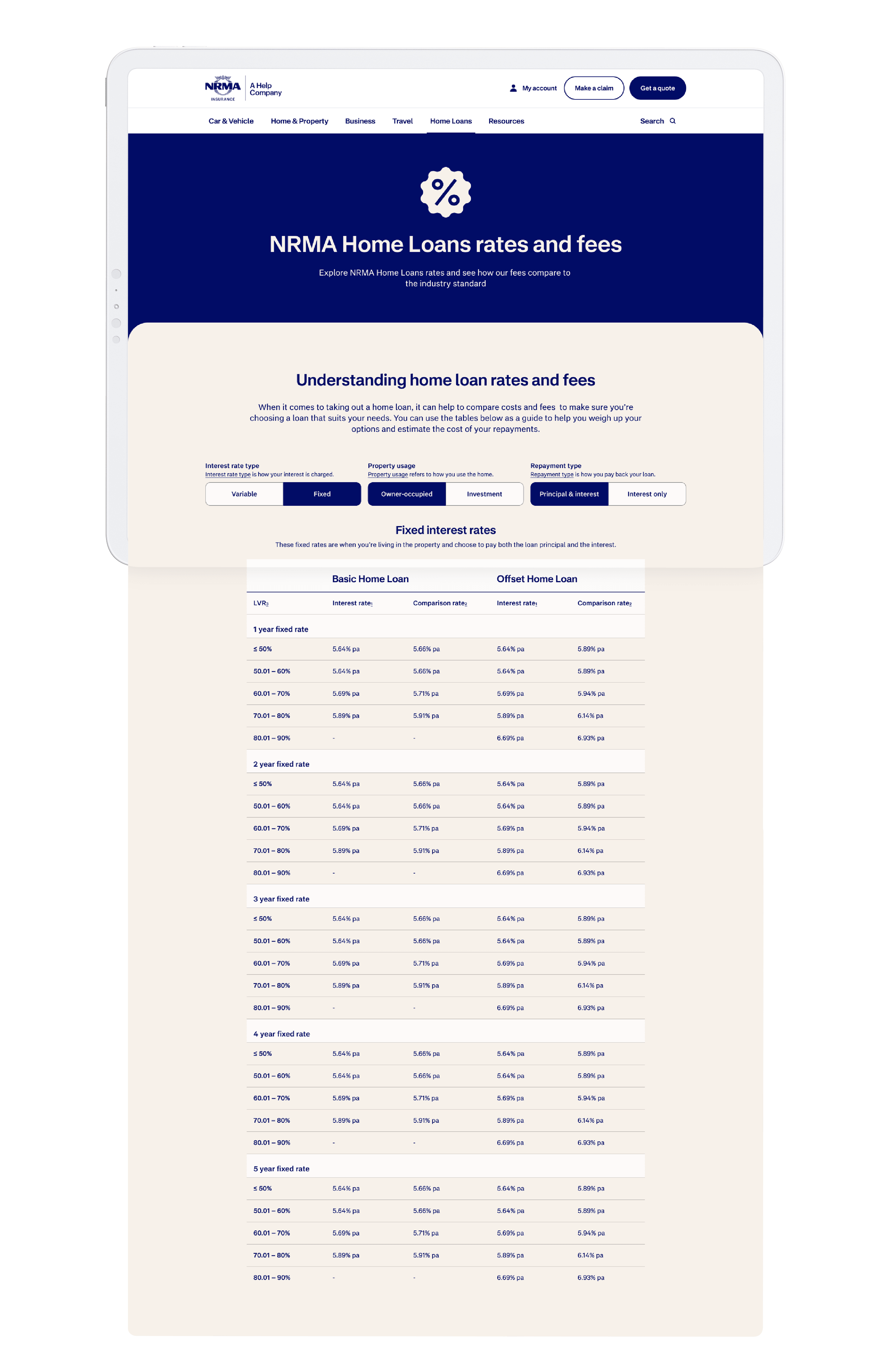 Kevin Schluter Design | IAG | NRMA Home Loans | NRMA website page displaying home loan rates and fees, including tables for fixed interest rates for different loan durations.