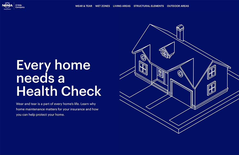 Kevin Schluter Design | IAG | NRMA | NRMA Insurance with a dark blue background. Text reads 'Every home needs a Health Check' and explains the importance of home maintenance for insurance.