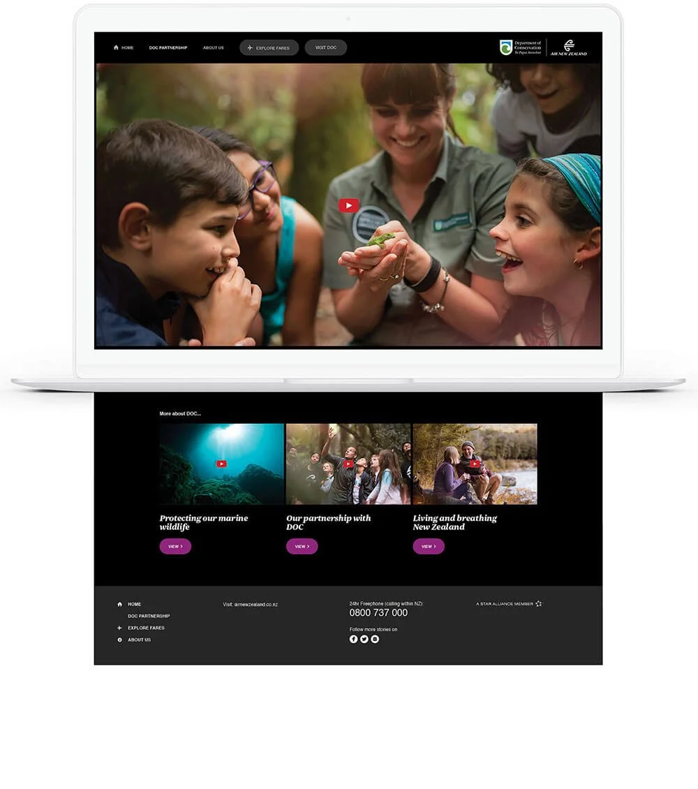 Screenshot of a website featuring wildlife education and conservation in New Zealand, with a photo of a woman showing children a small animal in a natural setting, and additional images of marine life and group activities in the footer.