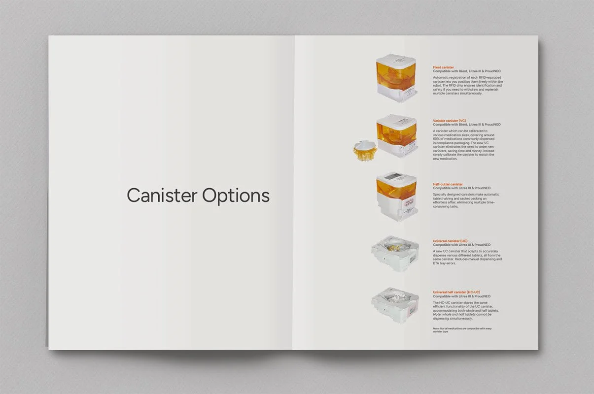 Kevin Schluter Design | Automation by Douglas | Service Design | A brochure showing various types of medical canisters with descriptions for each.