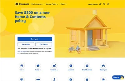 Kevin Schluter Design | IAG | AMI | Competition website with a yellow background, a small wooden house model, a bicycle, and a promotional banner for $200 off a new home and contents insurance policy.