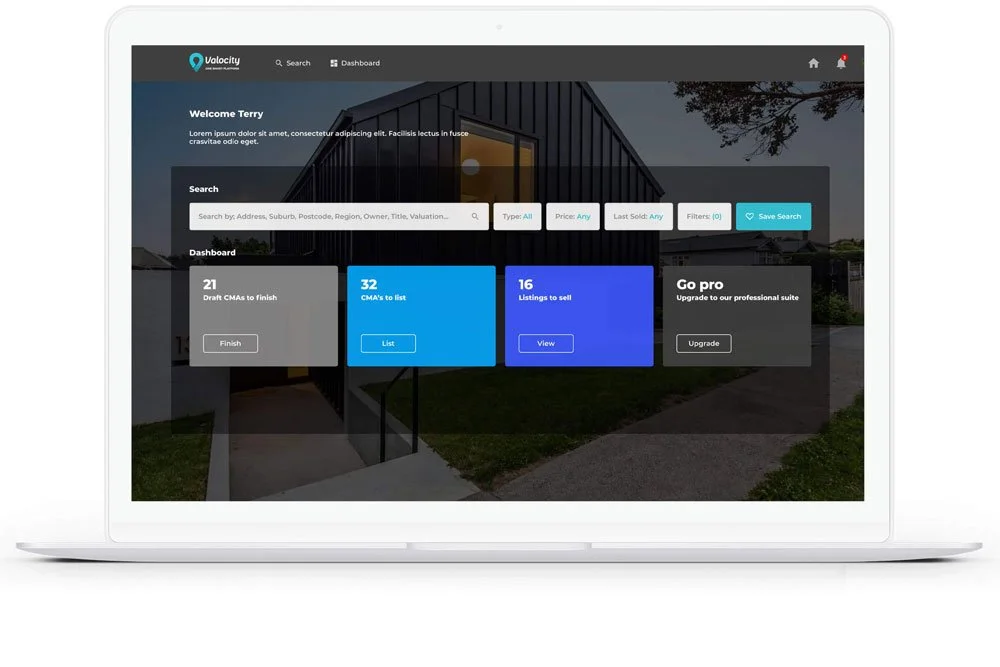 Screenshot of a real estate management website displayed on a laptop, showing a welcome message, search bar, and a dashboard with information on copywriting tasks and options for listing, selling, and upgrading.