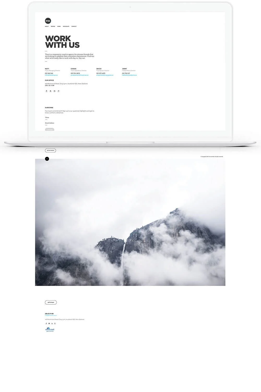 A split-screen image showing a laptop displaying a website on the top half and a mountain landscape with clouds on the bottom half.