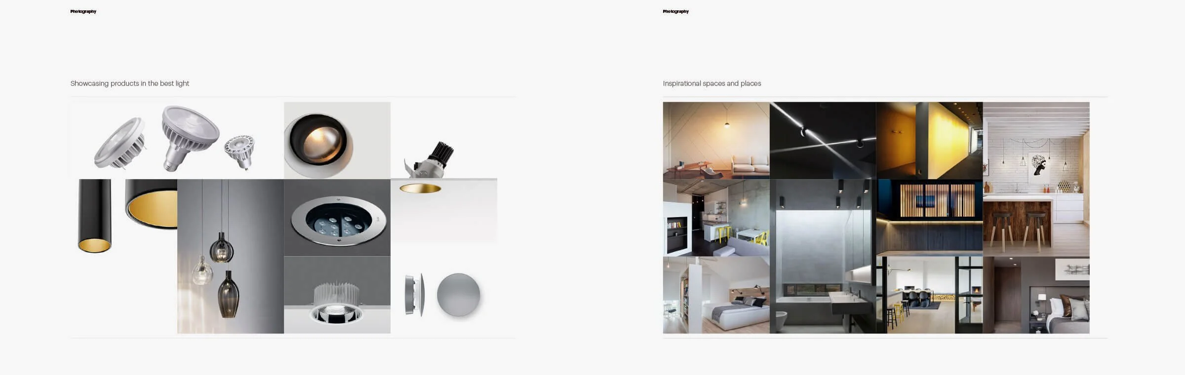 Kevin Schluter Design | Shimmer Branding | Photography | A collage of lighting products on the left and various interior spaces with different lighting designs on the right.
