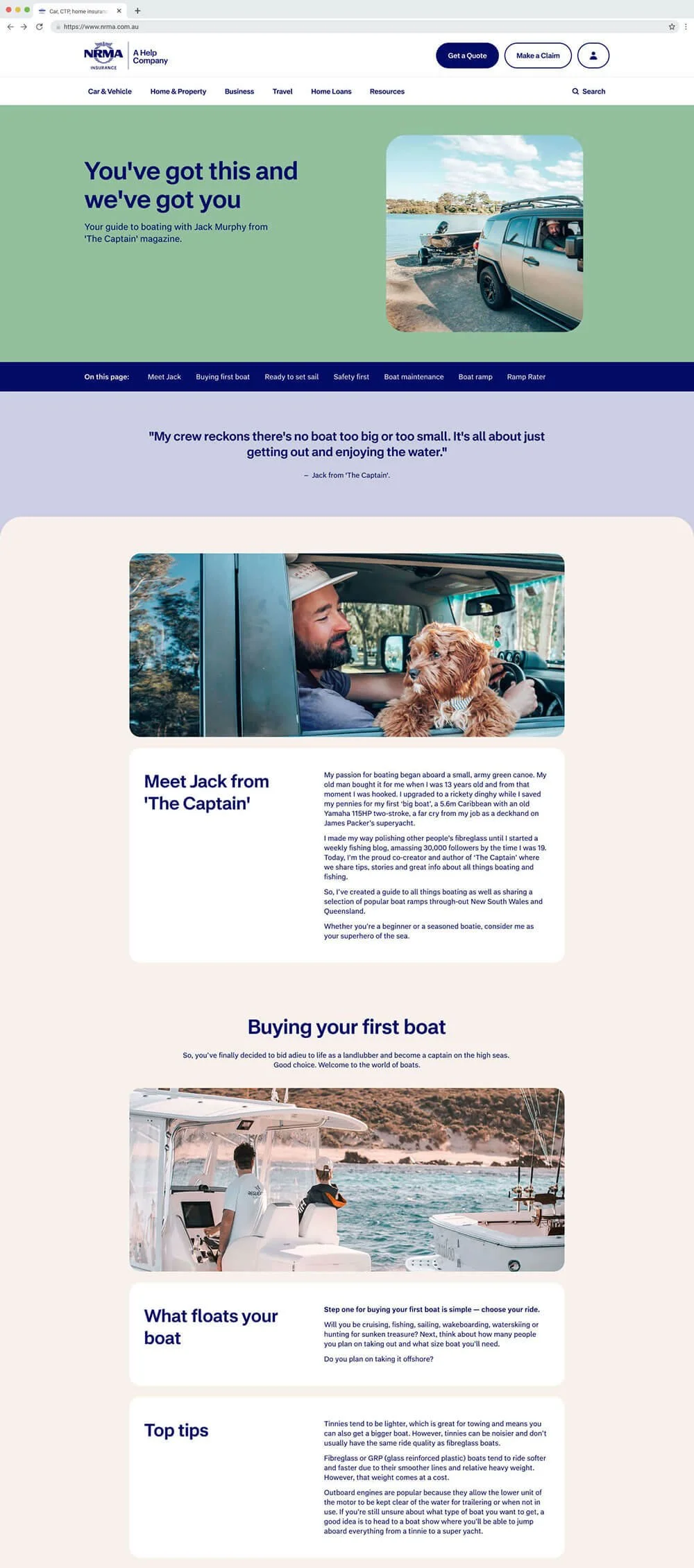 Kevin Schluter Design | IAG | NRMA | NRMA Insurance featuring boating tips and guide for beginners, with multiple images of boats, a car towing a boat, and people boating.