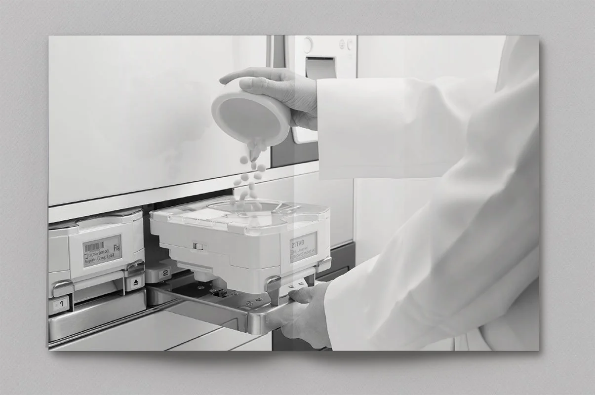 Kevin Schluter Design | Automation by Douglas | Service Design | A medical professional in a lab coat is pouring liquid medication from a small cup into a container on a medical device in a lab or clinical setting.