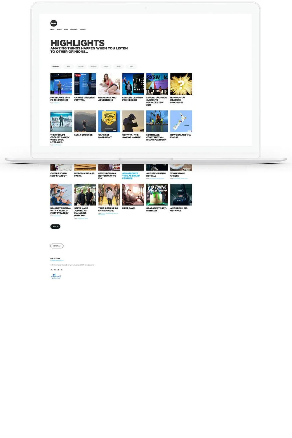 A computer screen displaying a webpage with various news and blog articles, organized in sections with images and headlines.