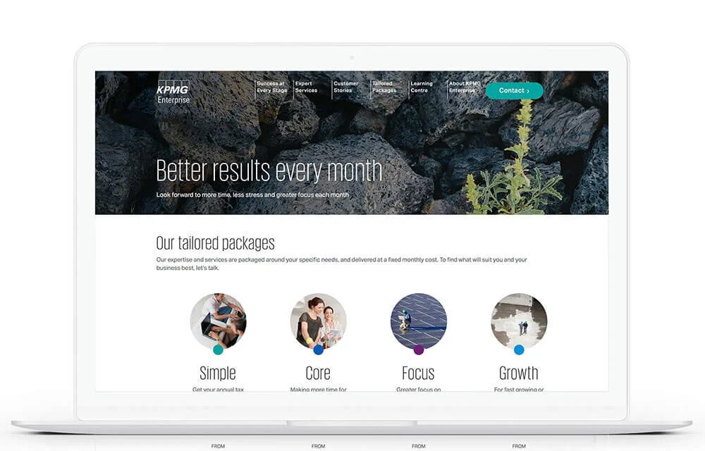 Screenshot of a KPMG Enterprise website page with a header image of rocks and a plant, and sections titled 'Better results every month' and 'Our tailored packages' with four circular icons labeled Simple, Core, Focus, and Growth.