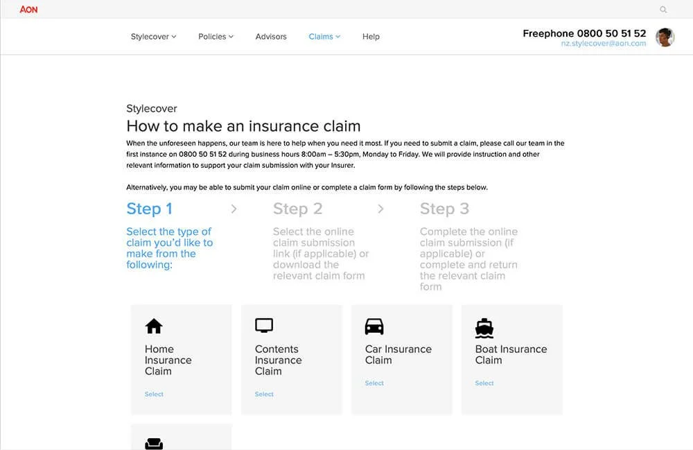 Screenshot of an insurance claim web page titled 'How to make an insurance claim' with steps for submitting claims online or by phone, featuring icons for Home, Contents, Car, and Boat insurance claims.