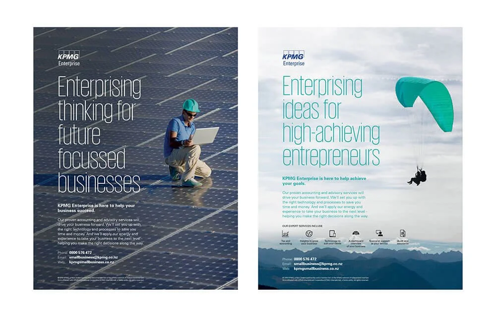 Two KPMG business flyers side by side. The left flyer shows a person in a solar panel field, wearing a hard hat and using a tablet. The right flyer features a paraglider over mountains with a cloudy sky.