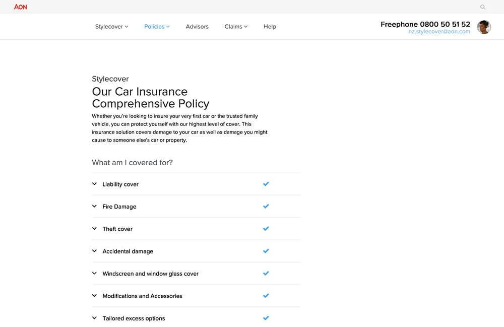 Screenshot of AON website page about car insurance comprehensive policy emphasizing coverage options.