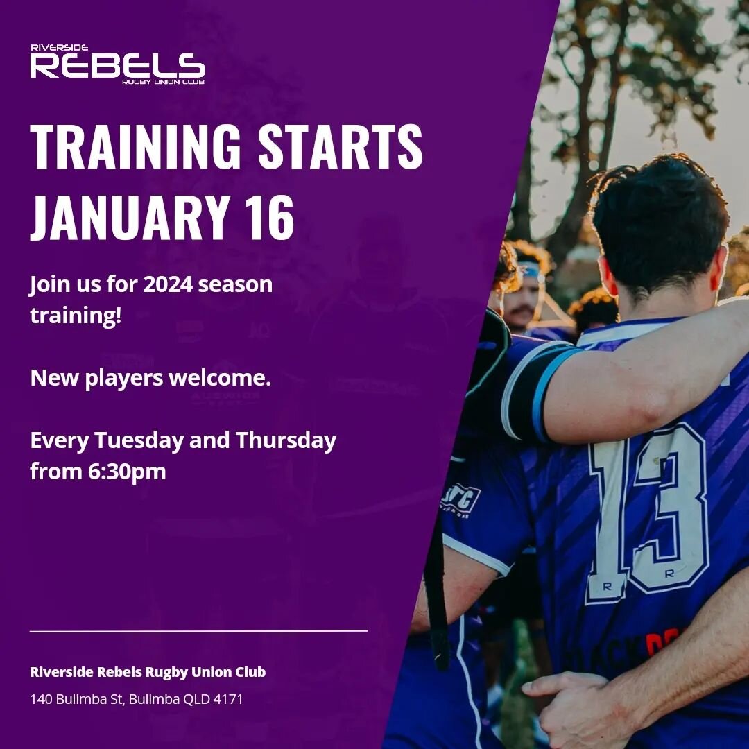 🏉🟣⚫ Rebels 2024 season training commences Tuesday 16 January with a game of touch and fitness