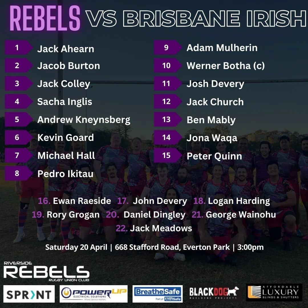 🟣⚫ Rebels team list for round 3 vs Brisbane Irish ☘️ Kick off 3:00pm Saturday 🏉 

Food available from the USA Tailgaters food truck as part of Brisbane Irish club day. 

@queensland_suburban_rugbyunion