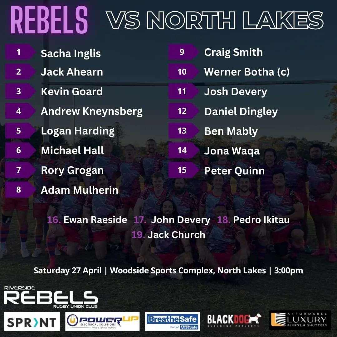 🏉⚫🟣 Team list announcement! 

The Rebels take on North Lakes away in round 4 of the Barber Cup. 

Kick off 3:00pm Saturday 

@queensland_suburban_rugbyunion