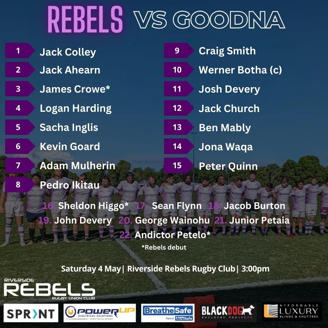 🟣⚫🏉 Round 5 team list! 

Come down to Bulimba to support the Rebels as they take on the Goodna Gladiators.  Kick off 3:00pm Saturday @queensland_suburban_rugbyunion