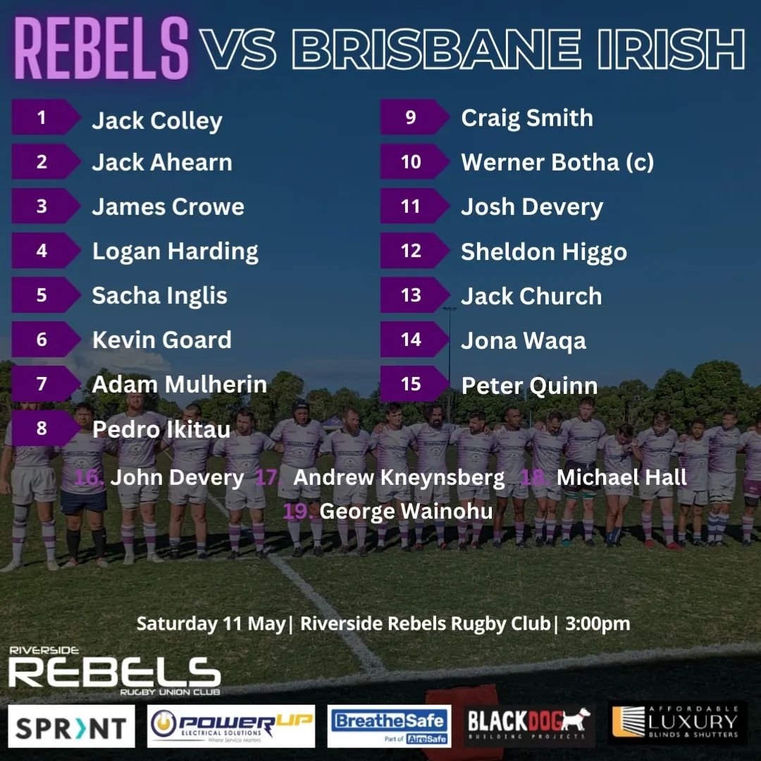 ⚫🟣 The Rebels are at home vs Brisbane Irish for round six of the Barber Cup! 
Kick off 3:00pm Saturday @queensland_suburban_rugbyunion