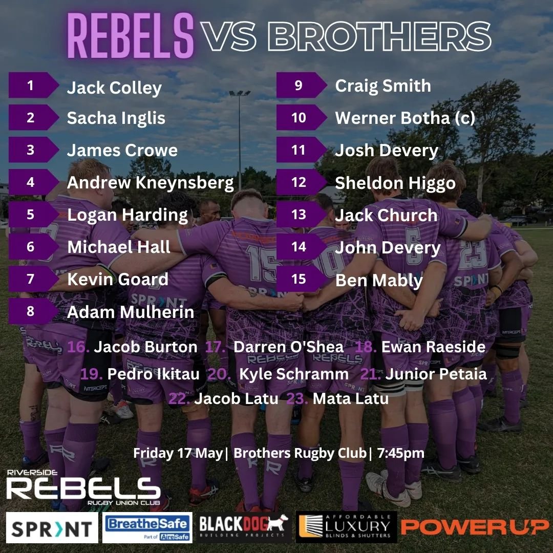 ⚫🟣🏉 Rebels round 7 team list! Get down to Brothers rugby club tonight for Friday night footy. Kick off 7:45pm

@queensland_suburban_rugbyunion