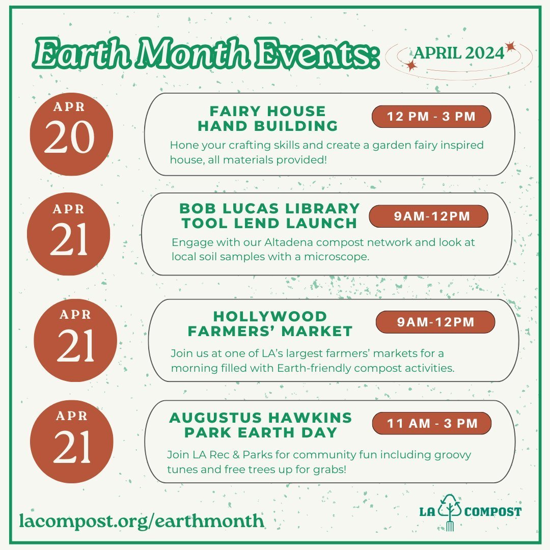 Your guide to #EarthMonth in LA is here 💌 There's something for everyone!⁠
⁠
🏡 Feeling crafty? 👉️ Fair House Hand Building (w/ clay) on 4/20 ⁠
⁠
👨&zwj;👩&zwj;👧&zwj;👦 Looking for family-friendly fun? 👉️ Augustus Hawkins Park Earth Day on 4/21⁠

