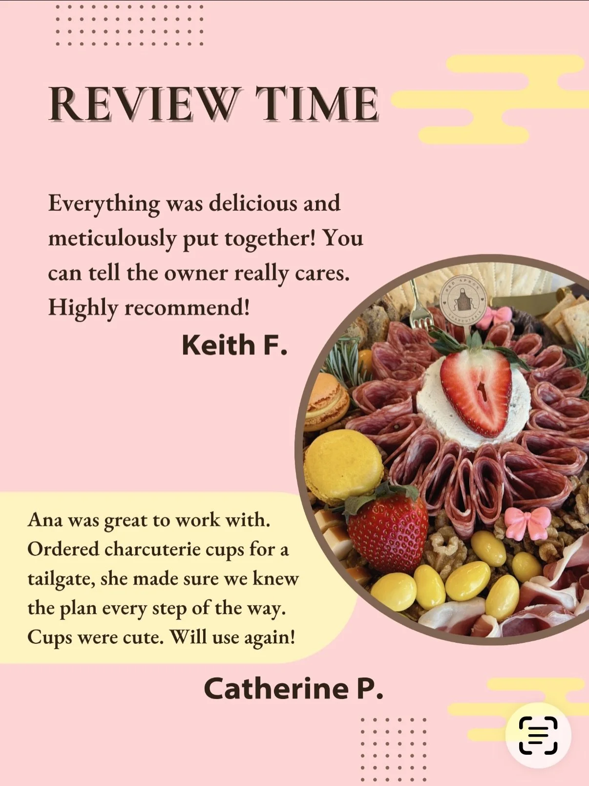 I took some of my Google reviews and make the look cute with Canva! 
This will be a first series of them&hellip; I will do more next time I have some time 💪🙌 

#grateful #goodvibesonly #thankful #review #charcuterie