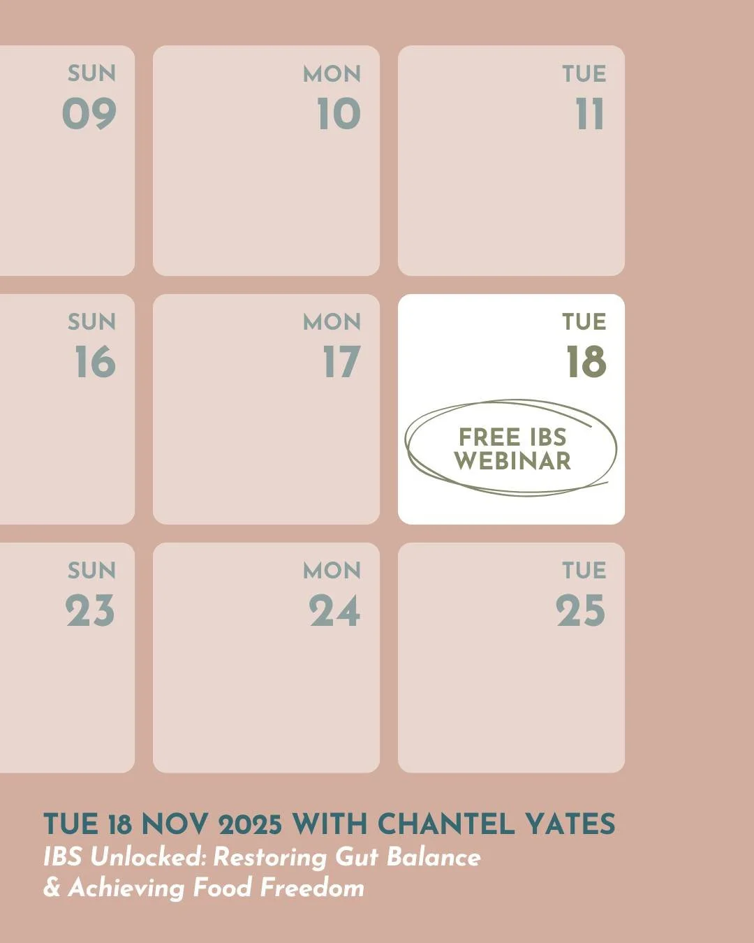 Is IBS controlling your life? Constantly planning around bathroom access? Fed up with the bloating and food restrictions?

You don't have to live this way forever.

Join me on November 18th at 10am AEDT) for a free live webinar where I'm breaking dow