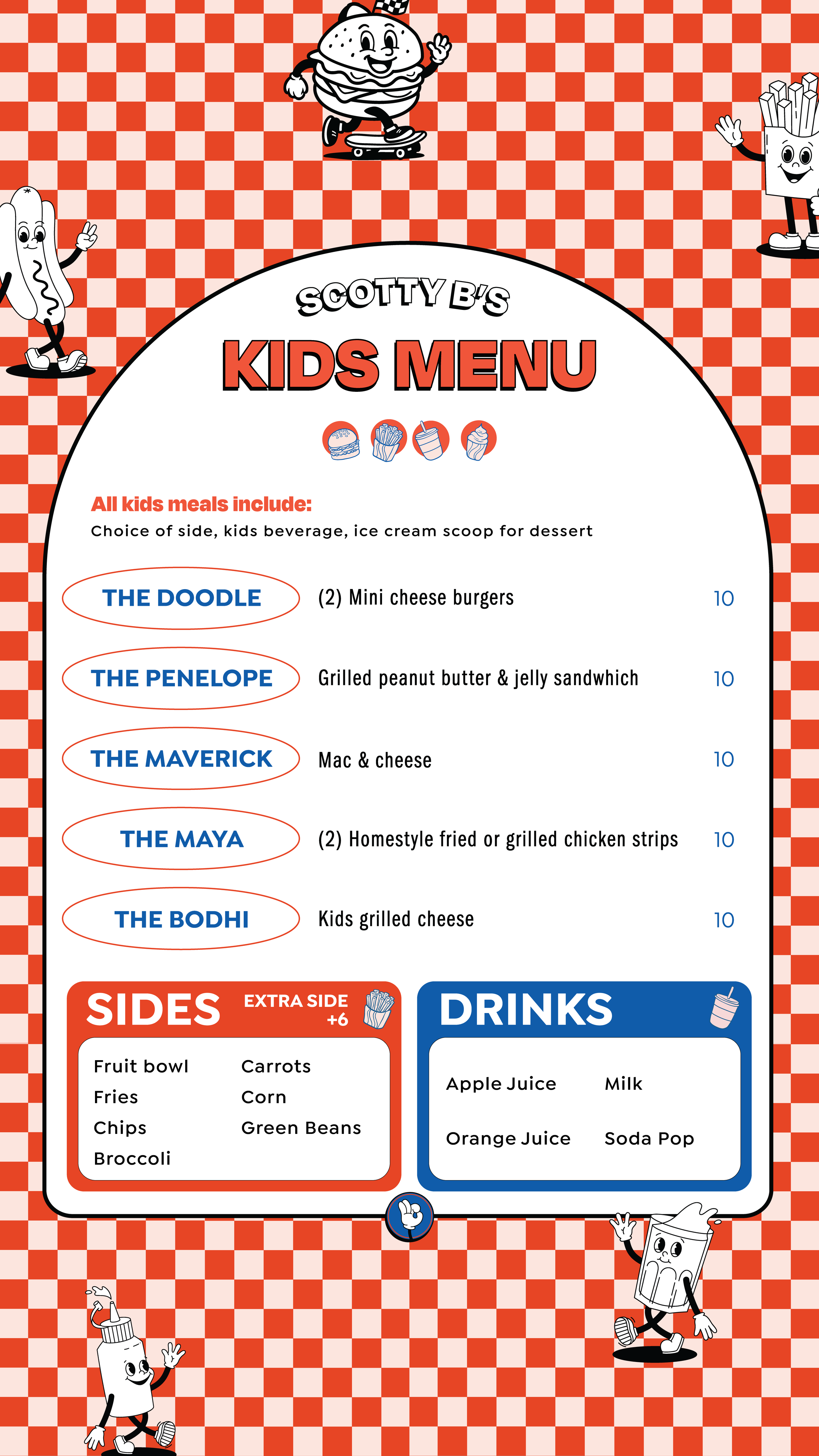 Kids menu featuring five burger options with cartoon condiment characters and beverages, sides, and extra side options on a red and white checkered background.