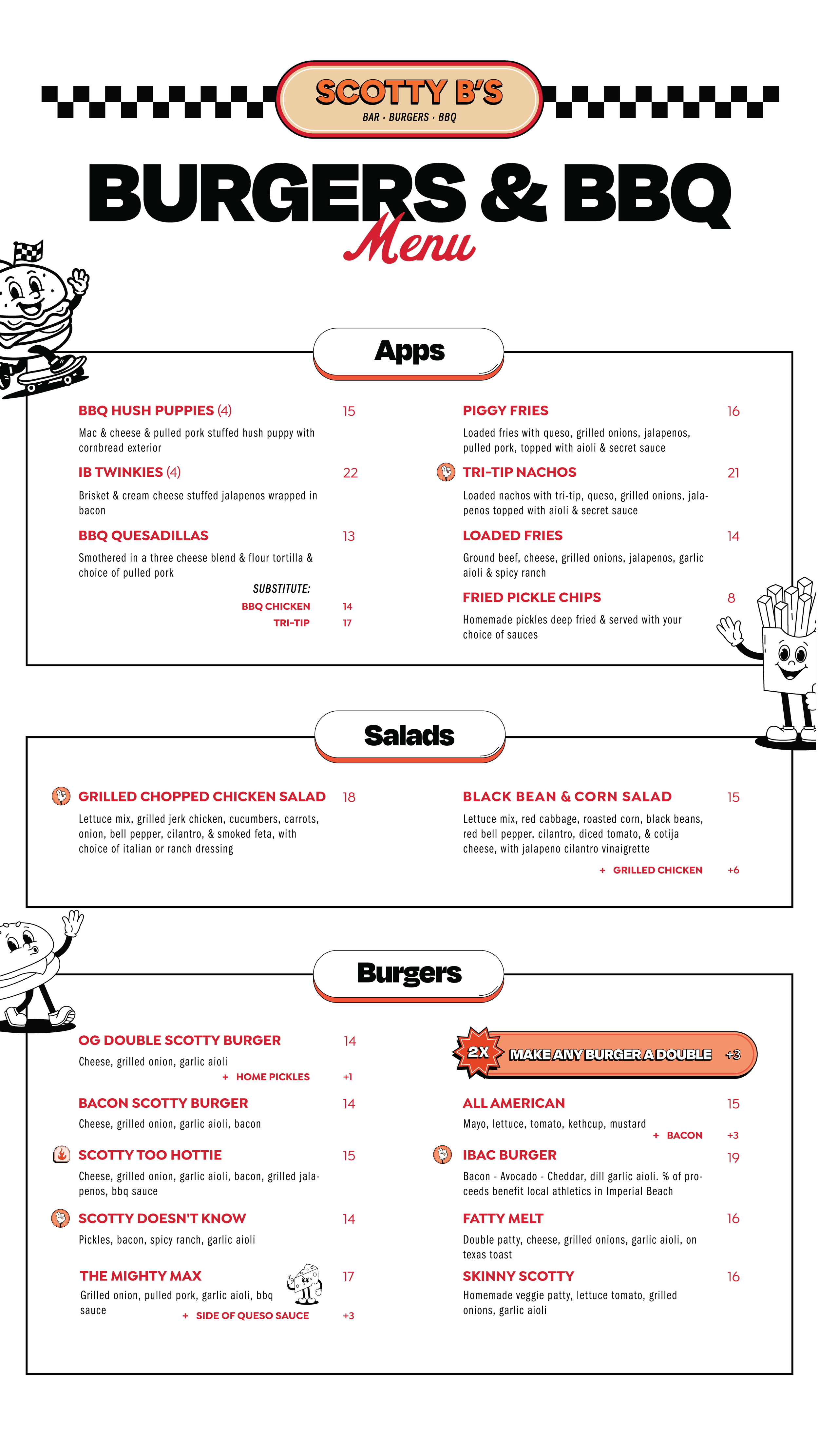 Menu from Scotty B's Bar, Burgers, BBQ featuring sections for Apps, Salads, and Burgers with various items and prices listed.