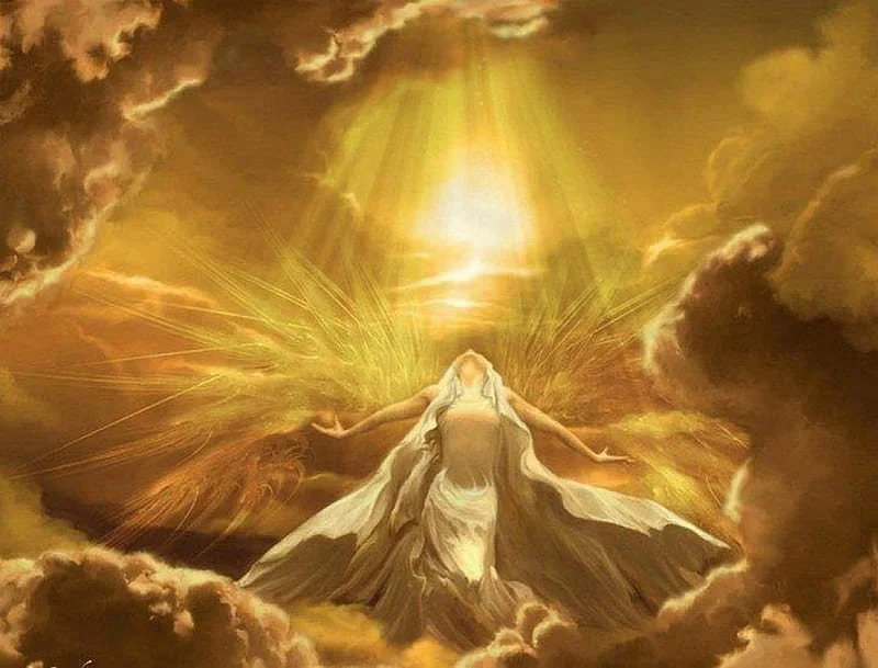 Mystical woman in white robe surrounded by clouds and golden light rays.