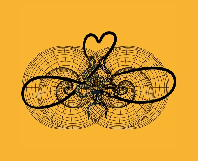 Abstract geometric design with interlocking loops, spirals, and a heart shape on a yellow background.
