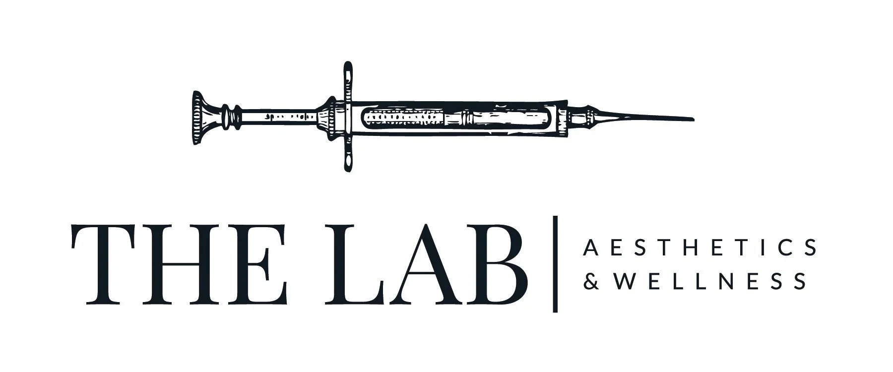 Logo for The Lab Aesthetics & Wellness featuring a detailed illustration of a syringe and the business name.