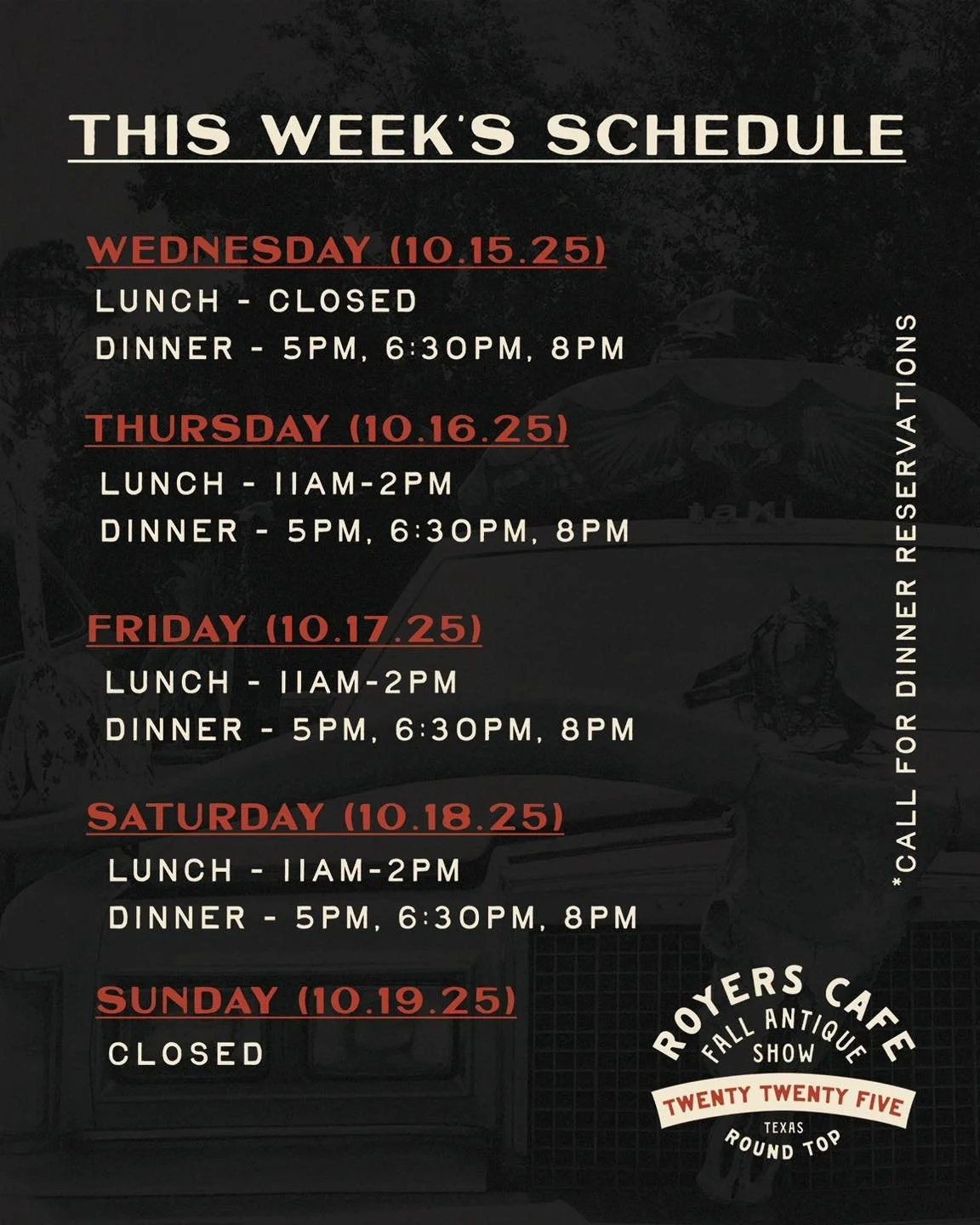 🍽️ The Antique Show wraps up this week! 

Come enjoy delicious bites while browsing timeless treasures. It&rsquo;s your last chance to catch the perfect pairing of great food and vintage finds!

📞 Call us for dinner reservations: 979-249-3611
.
.
.