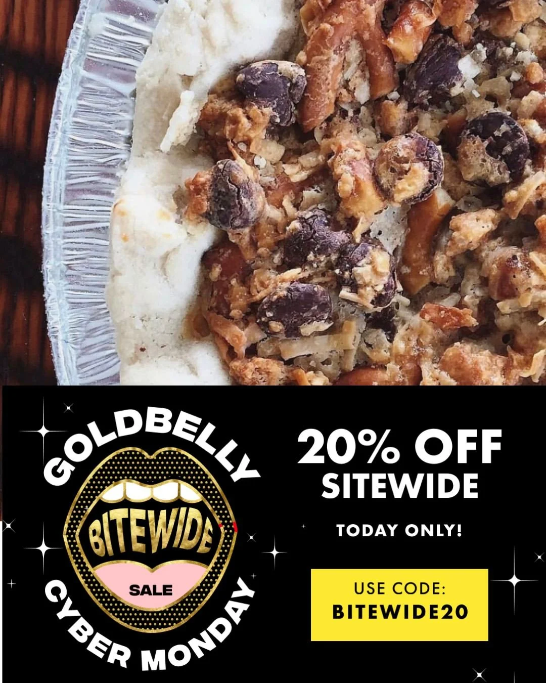 📣 CYBER MONDAY SALE! 

Use code BITEWIDE20 to get 20% off our products now with our friends @goldbelly! Link in bio! Get ahead of your holiday shopping and ship our pies &amp; more nationwide to your loved ones. 🎁🥧
.
.
.
#bigtastetinytown #roundto
