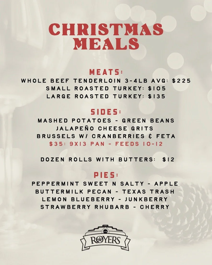 🎄✨ Christmas dinner, made easy!

Let us take care of the cooking so you can relax and enjoy the season with family and friends. All your holiday favorites, no stress required. ✨🎄

📅 Order deadline: December 21
🚘 Pickup times:
&bull; December 23 |
