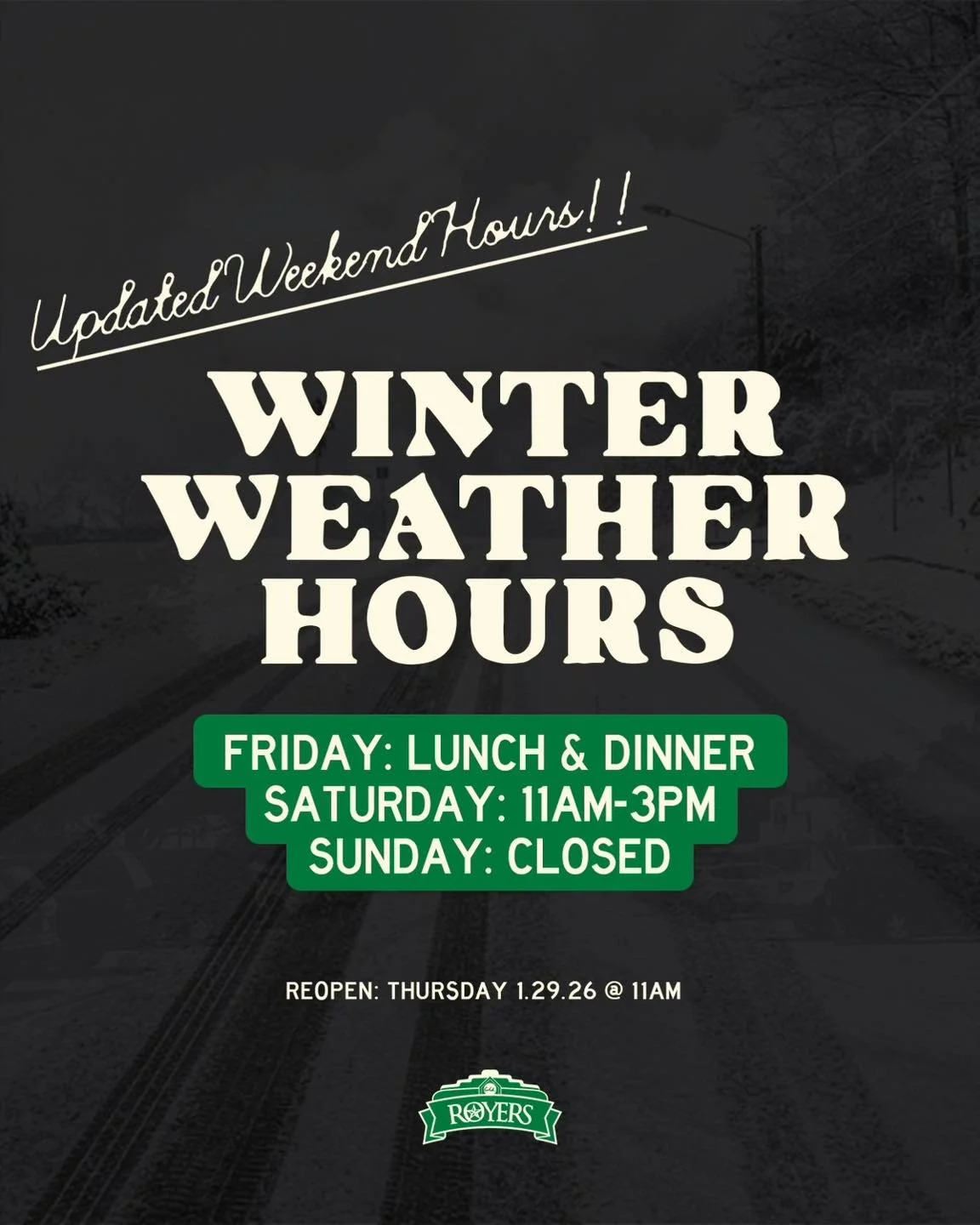 Weather Update ☔️

We&rsquo;re open today from 11&ndash;3, then 5&ndash;9.
Saturday: Open 11&ndash;3 (closed for dinner).
Sunday: Closed.

Thanks for understanding &amp; stay cozy!
.
.
.
#bigtastetinytown #royersroundtopcafe #roundtoptx