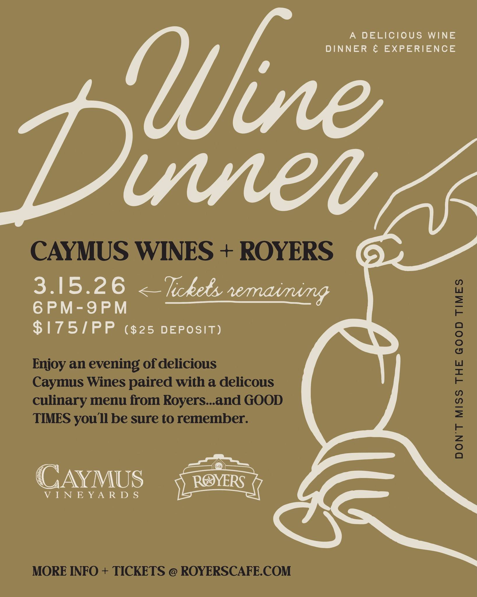 🍷 One date is already gone!

Our March 22 Caymus Wine Dinner is officially SOLD OUT, but there&rsquo;s still time to grab a seat for the first night.

📅 March 15 &ndash; Seats still available
📅 March 22 &ndash; SOLD OUT

Reserve your spot with jus