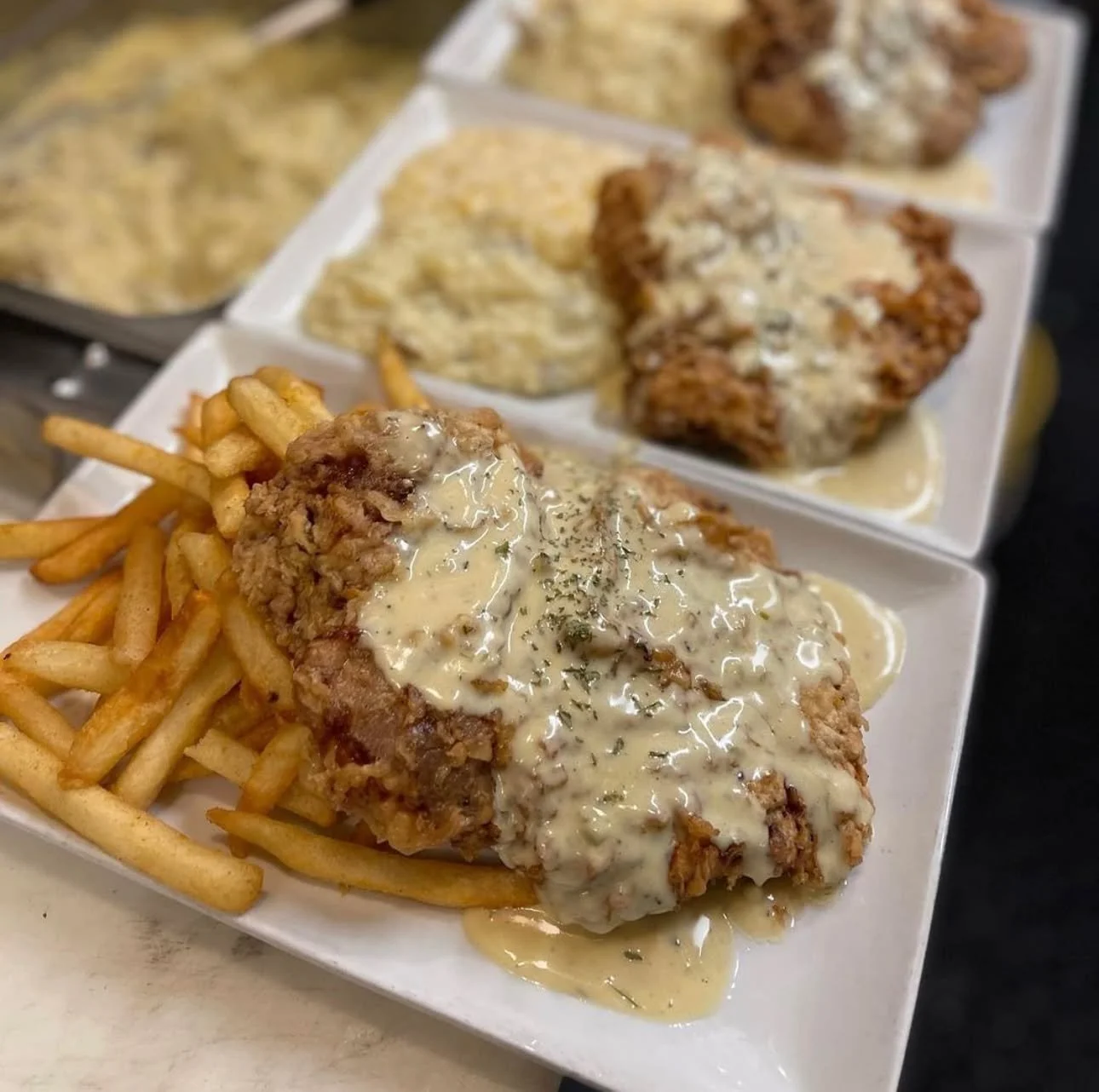 Crispy, hand-breaded, and covered in creamy gravy &mdash; our Chicken Fried Steak never disappoints. 🤤

Served daily from 11am&ndash;8pm with your choice of two homestyle sides.
.
.
.
#bigtastetinytown #roundtoptx #royersroundtopcafe